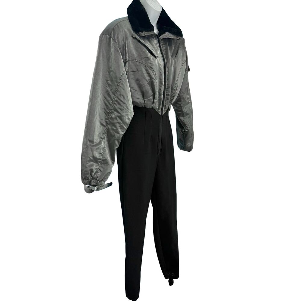 Vintage 90s Nils Silver Metallic Black Faux Fur Collar Ski Suit One Piece Size S - Picture 13 of 16